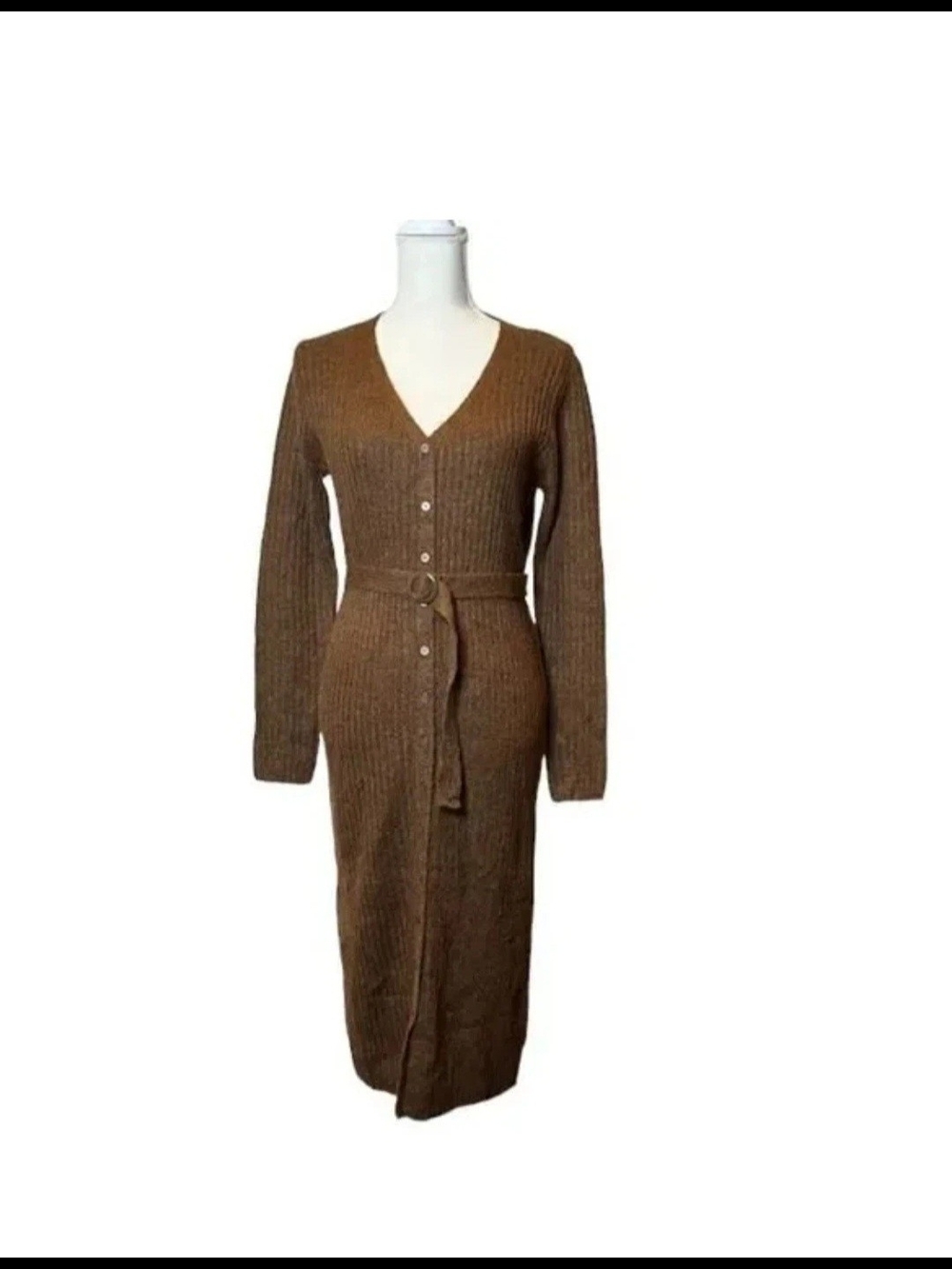 Brown Ribbed V-Neck Button-Front Knit Dress with Belt